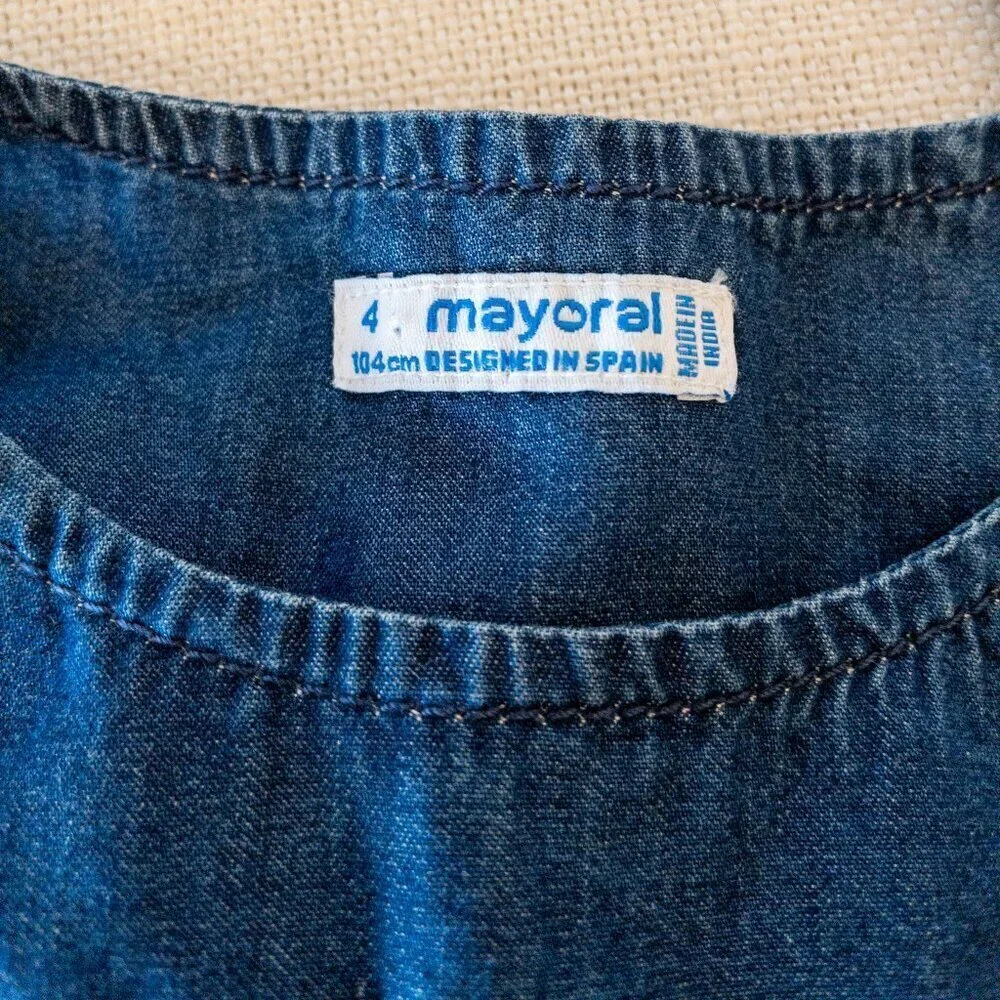 Mayoral Embroidered Denim Romper | Girls Size 4 (104 cm) | Floral Ruffle One-Pie